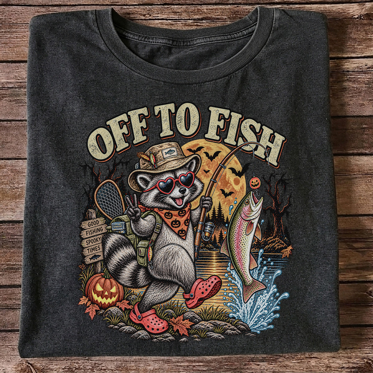 Off to Fish Raccoon and Trout Halloween T-Shirt - Good Fishing Spooky Times