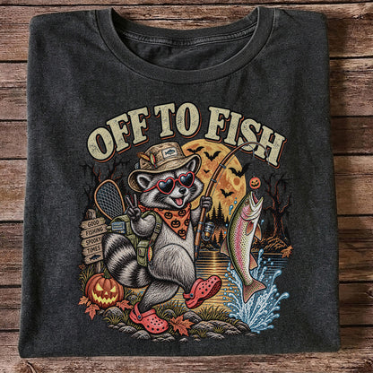 Off to Fish Raccoon and Trout Halloween T-Shirt - Good Fishing Spooky Times