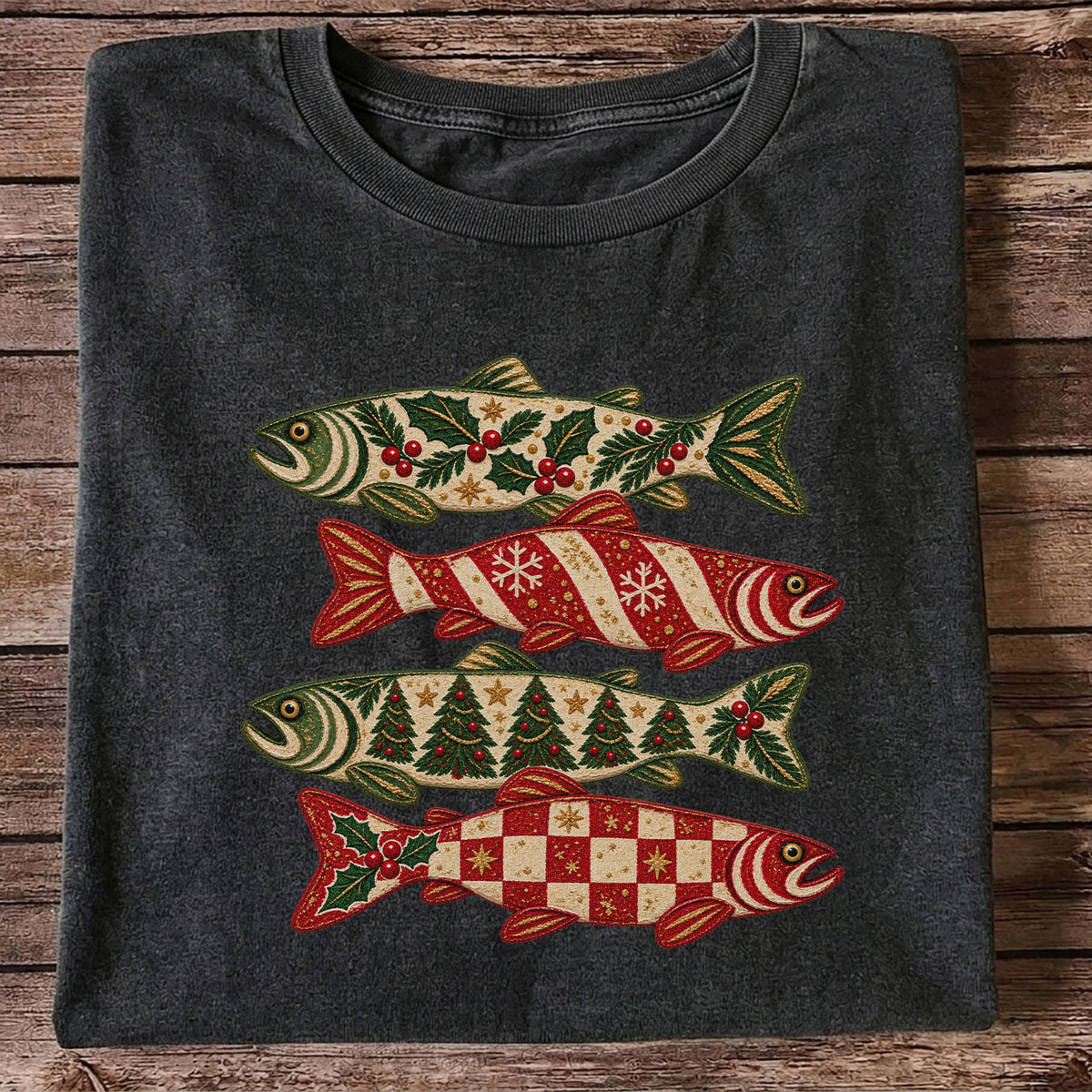Christmas Trout Holiday Pattern Fishing Graphic T-Shirt