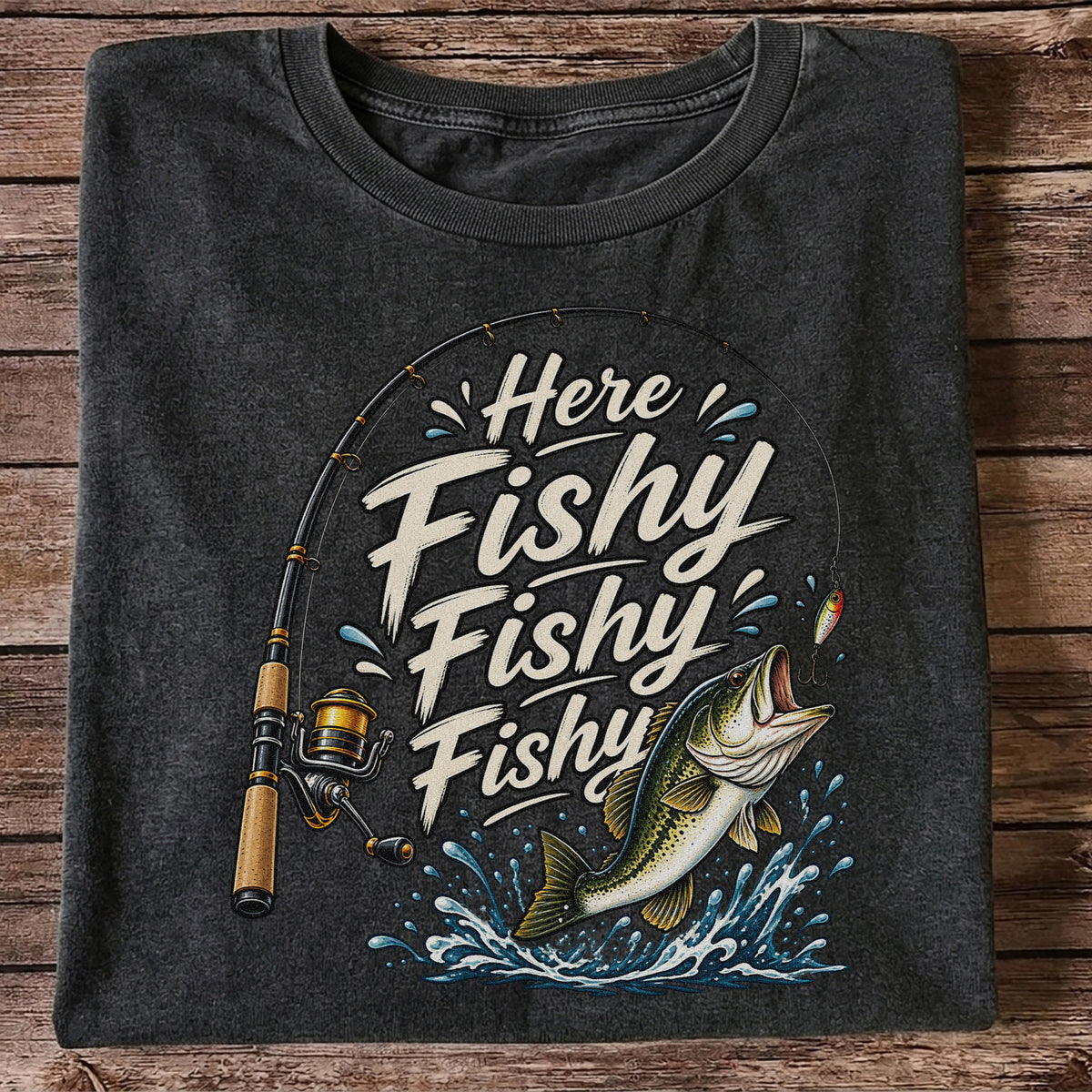 Here Fishy Fishy Fishy Funny Bass Fishing Graphic T-Shirt