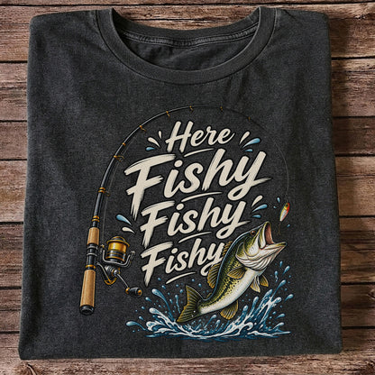 Here Fishy Fishy Fishy Funny Bass Fishing Graphic T-Shirt