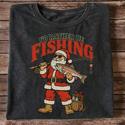 I'd Rather Be Fishing Santa Holding Rainbow Trout Christmas T-Shirt