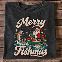 Merry Fishmas Santa Catching Rainbow Trout in a Boat Fishing T-Shirt
