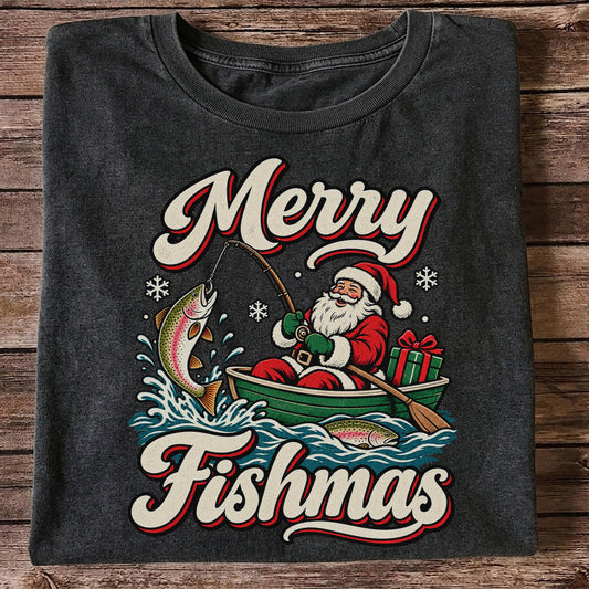Merry Fishmas Santa Catching Rainbow Trout in a Boat Fishing T-Shirt
