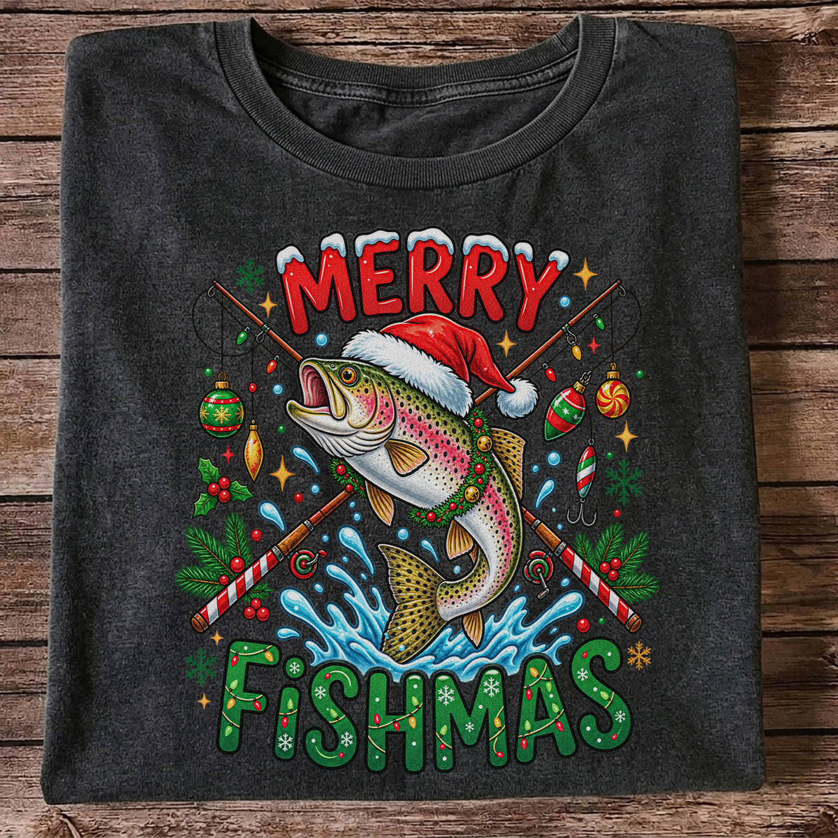 Merry Fishmas Santa Trout Christmas Fishing Graphic T-Shirt