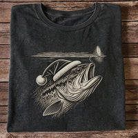Santa Hat Bass Chasing a Fishing Fly Graphic T-Shirt