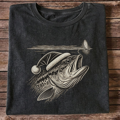 Santa Hat Bass Chasing a Fishing Fly Graphic T-Shirt