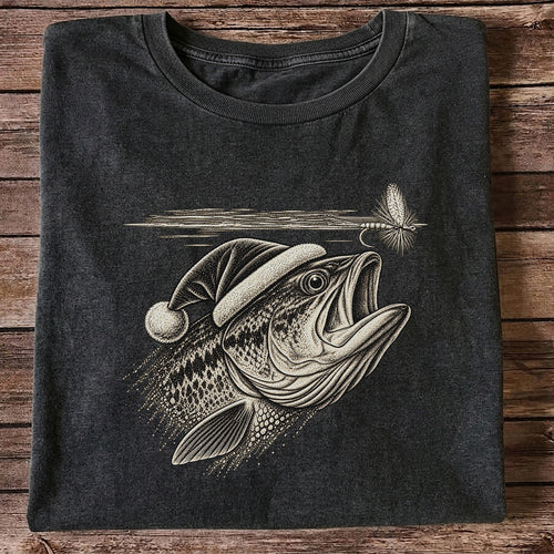 Santa Hat Bass Chasing a Fishing Fly Graphic T-Shirt