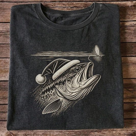 Santa Hat Bass Chasing a Fishing Fly Graphic T-Shirt