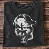 Bearded Angler Silhouette with Lake Fishing Scene Graphic T-Shirt