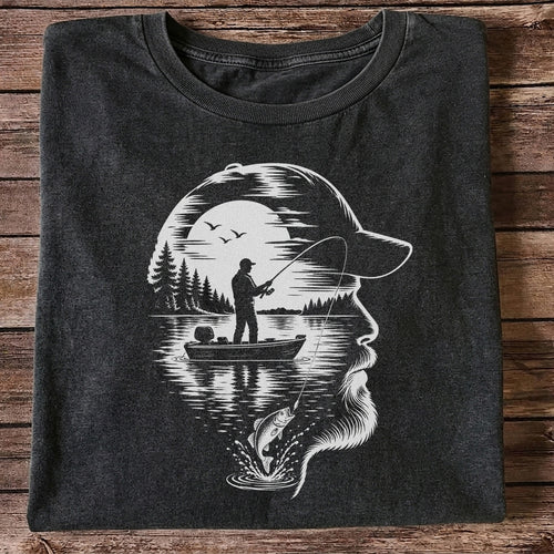 Bearded Angler Silhouette with Lake Fishing Scene Graphic T-Shirt