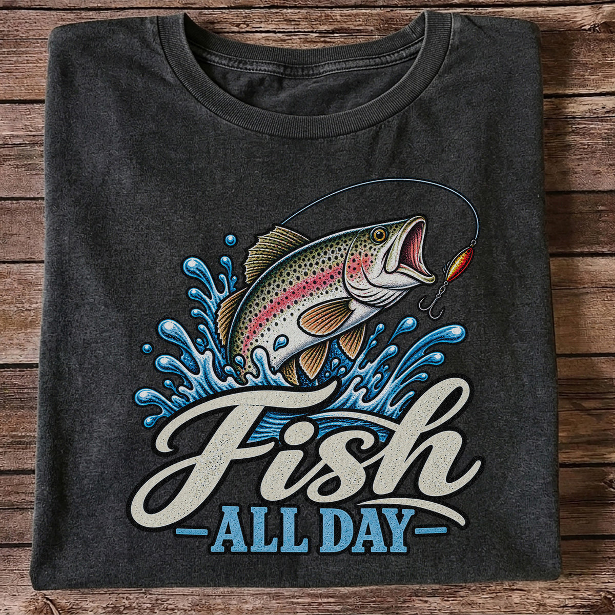 Fish All Day Jumping Rainbow Trout Fishing Graphic T-Shirt