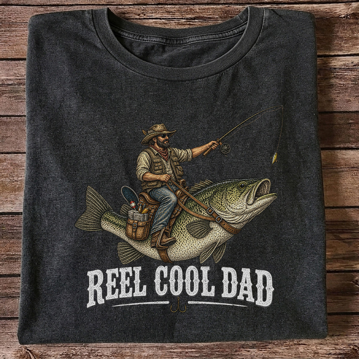 Reel Cool Dad Cowboy Riding a Bass Fishing Graphic T-Shirt