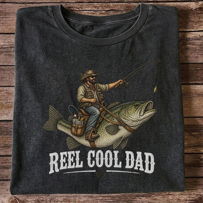 Reel Cool Dad Cowboy Riding a Bass Fishing Graphic T-Shirt