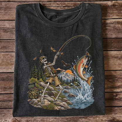 Skeleton Angler Catching Trout at a Mountain Lake Fishing T-Shirt