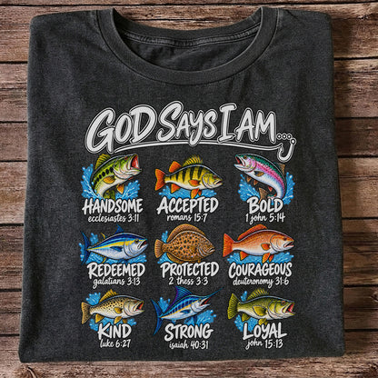 God Says I Am Christian Fish and Bible Verse Fishing Graphic T-Shirt