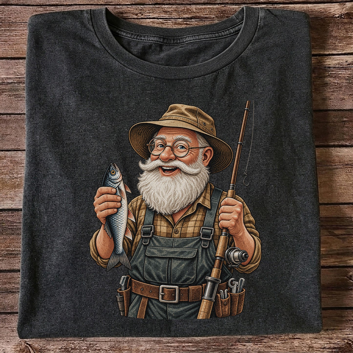 Bearded Angler Holding a Fish and Fishing Rod Graphic T-Shirt
