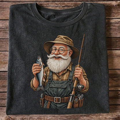 Bearded Angler Holding a Fish and Fishing Rod Graphic T-Shirt