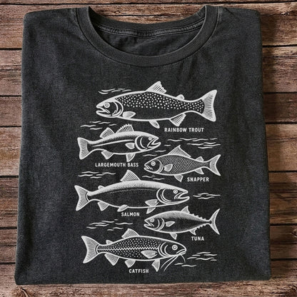 Rainbow Trout, Largemouth Bass, Snapper, Salmon, Tuna and Catfish Fishing Graphic T-Shirt