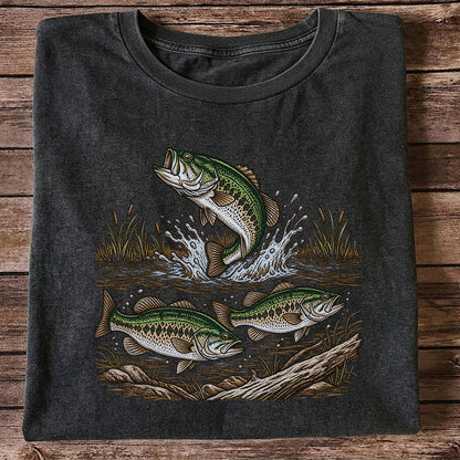 Largemouth Bass Jumping River Fishing Graphic T-Shirt