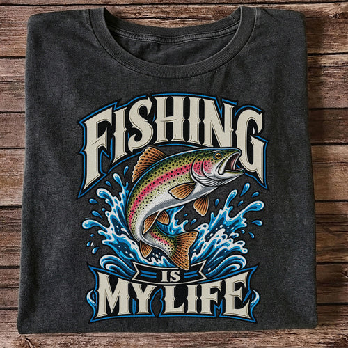 Fishing Is My Life Jumping Rainbow Trout Graphic T-Shirt