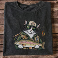 Cat Holding Rainbow Trout Fishing Graphic T-Shirt