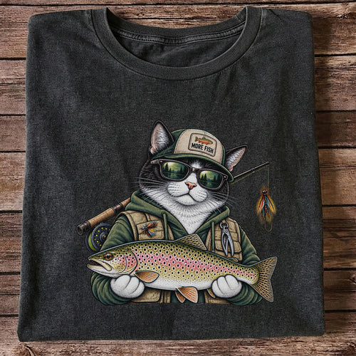Cat Holding Rainbow Trout Fishing Graphic T-Shirt