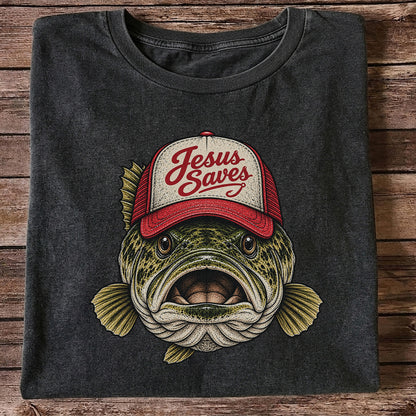 Jesus Saves Largemouth Bass in a Trucker Hat Fishing T-Shirt
