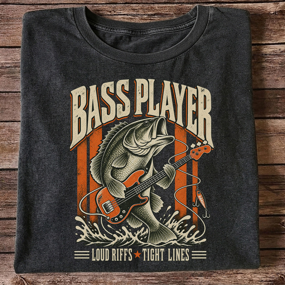 Bass Playing Guitar Vintage Fishing Graphic T-Shirt