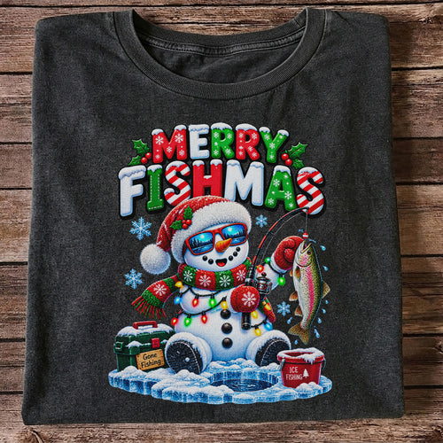 Merry Fishmas Gone Fishing Snowman and Rainbow Trout Ice Fishing Christmas T-Shirt