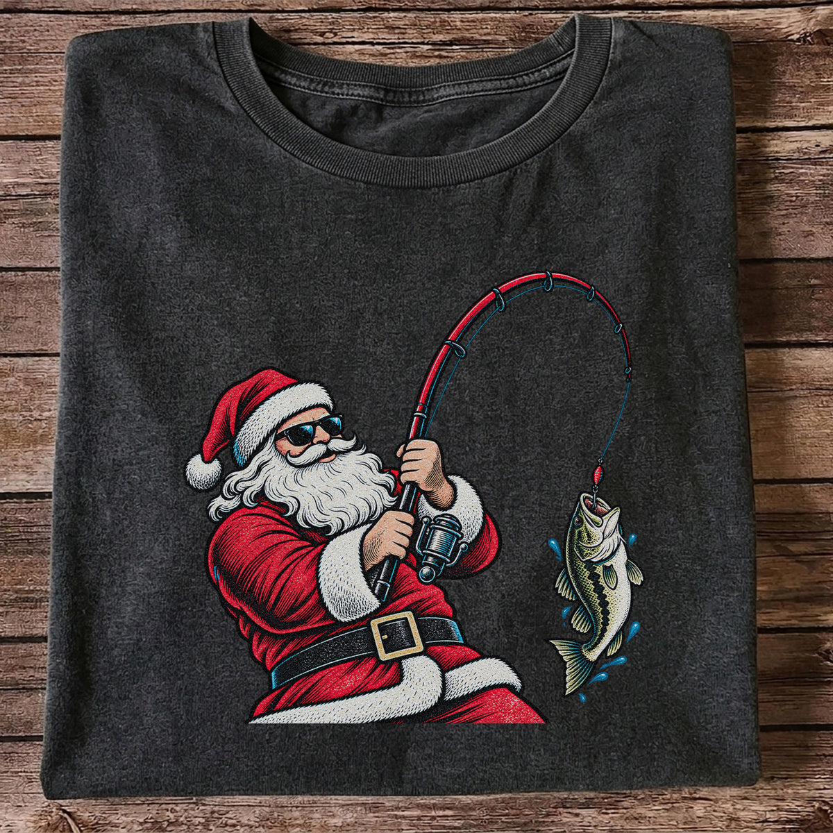 Santa Claus Catching a Bass Christmas Fishing Graphic T-Shirt