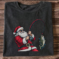 Santa Claus Catching a Bass Christmas Fishing Graphic T-Shirt