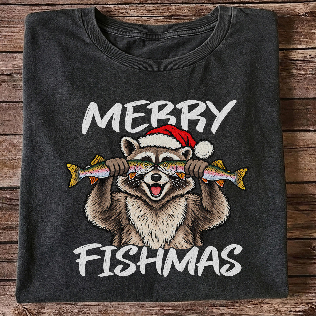 Merry Fishmas Raccoon Rainbow Trout Christmas Fishing T-Shirt