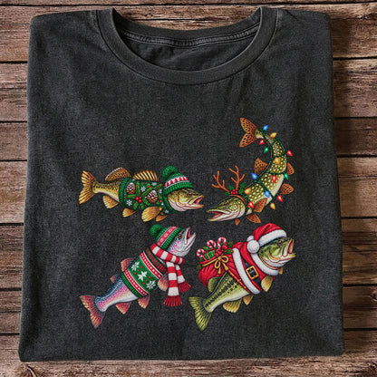 Festive Christmas Fish Wearing Holiday Sweaters Fishing T-Shirt