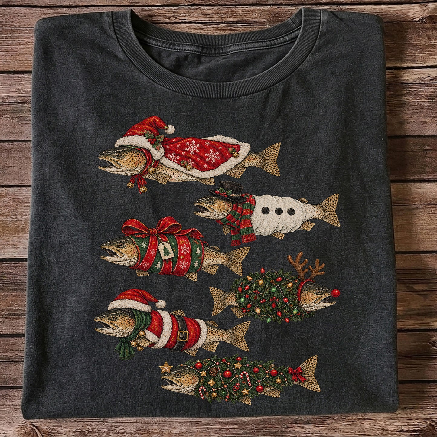 Christmas Trout in Festive Costumes Fishing Graphic T-Shirt