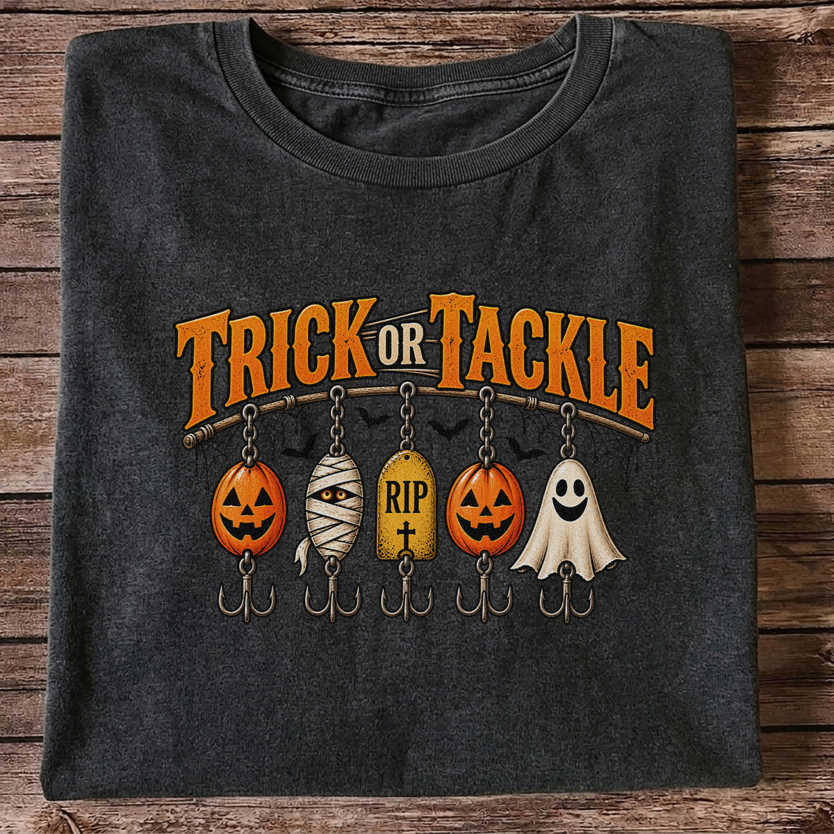 Trick or Tackle Pumpkin Ghost and Mummy Fishing Lures Halloween T-Shirt