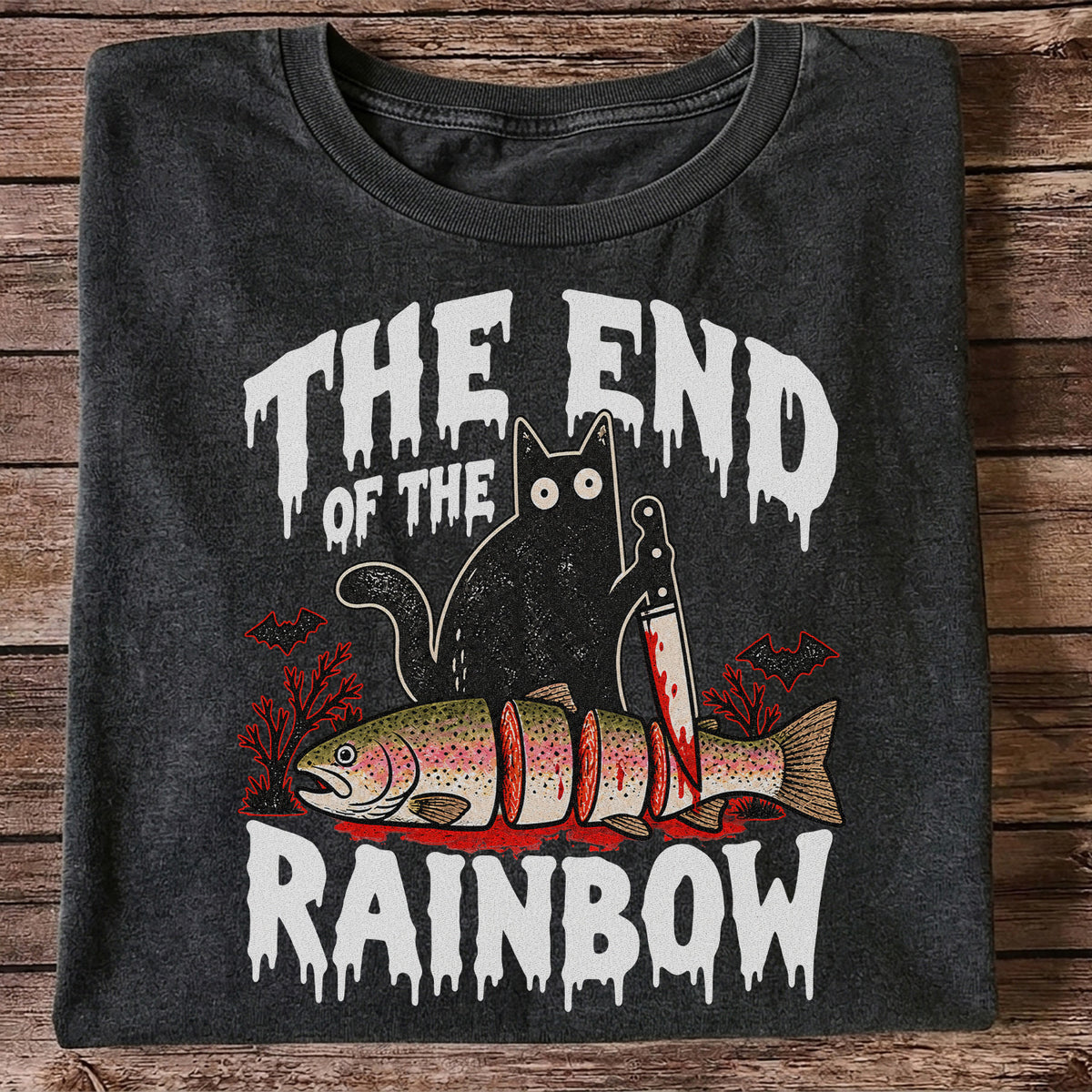 The End of the Rainbow Black Cat and Rainbow Trout Halloween Fishing T-Shirt