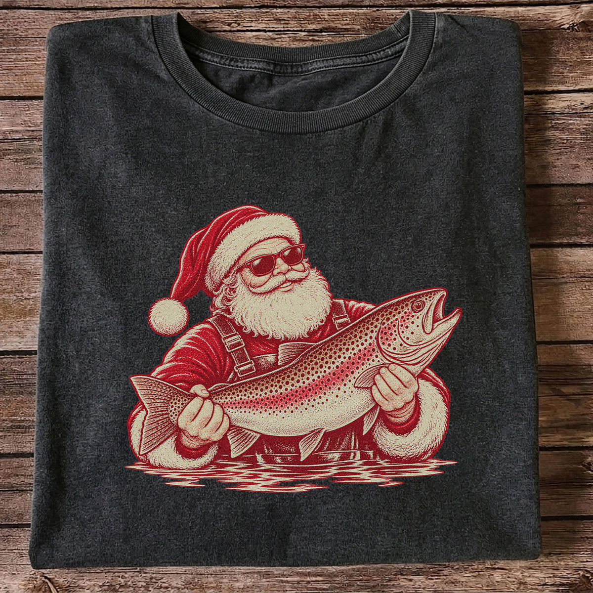 Santa Holding Trout Christmas Fishing Graphic T-Shirt