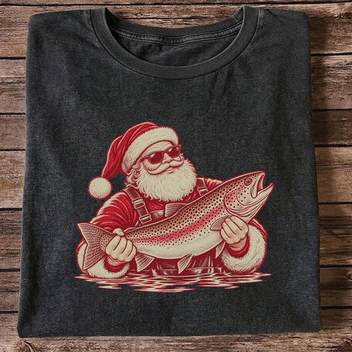 Santa Holding Trout Christmas Fishing Graphic T-Shirt