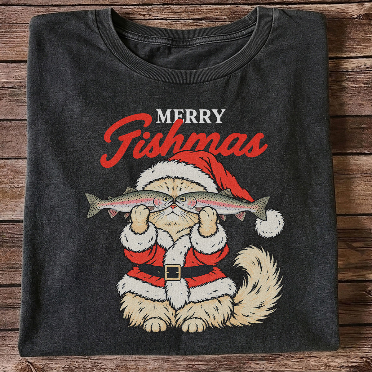 Santa Cat Holding Trout Merry Christmas Fishing T-Shirt