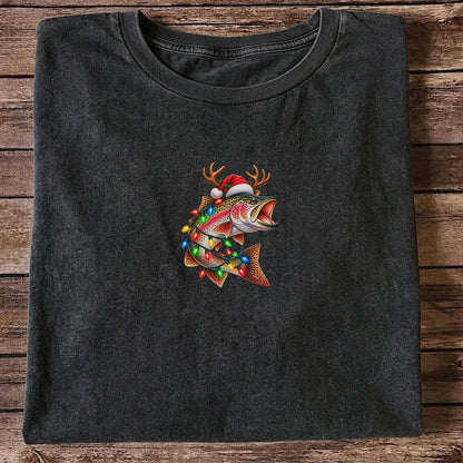 Christmas Rainbow Trout with Santa Hat, Antlers and Holiday Lights Fishing T-Shirt