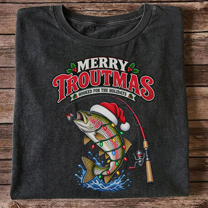 Merry Troutmas Hooked for the Holidays Rainbow Trout Christmas Fishing T-Shirt