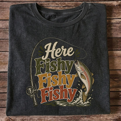 Here Fishy Fishy Fishy Rainbow Trout and Fishing Rod Retro T-Shirt