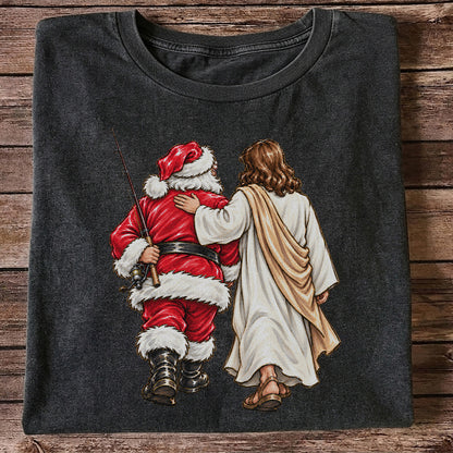 Santa and Robed Companion Fishing Graphic T-Shirt
