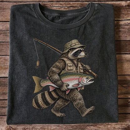 Raccoon Angler Holding Rainbow Trout Fishing Graphic T-Shirt