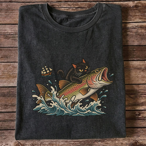Black Cat Riding a Trout Ocean Wave Fishing Graphic T-Shirt
