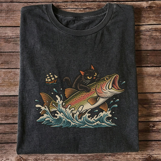 Black Cat Riding a Trout Ocean Wave Fishing Graphic T-Shirt