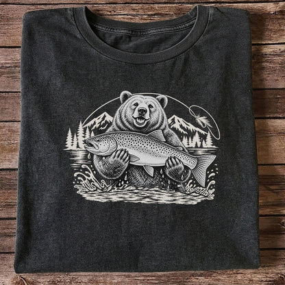 Bear Holding Trout in Mountain Lake Fishing Graphic T-Shirt