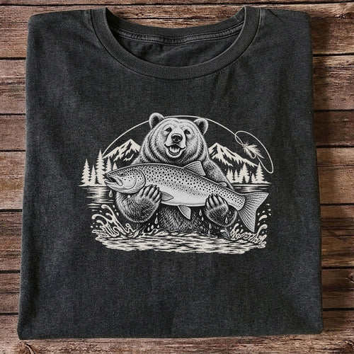 Bear Holding Trout in Mountain Lake Fishing Graphic T-Shirt