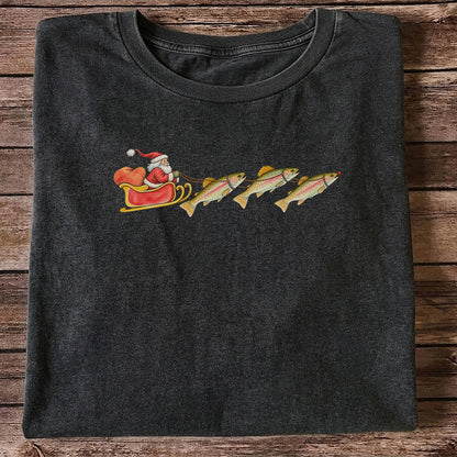 Santa Sleigh Pulling Rainbow Trout Fishing Graphic T-Shirt